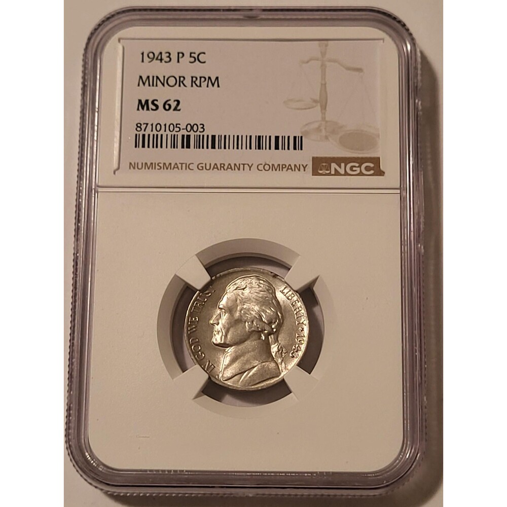 1943 P Jefferson Silver Nickel RPM Minor Variety MS62 NGC
